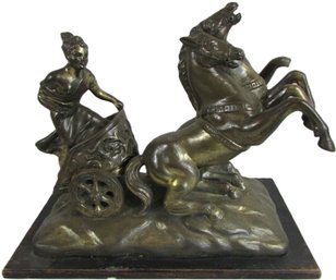 Vintage Tabletop SCULPTURE Accent, Classical Roman CHARIOT With Horses, Metal Clad, Appx 18' Long