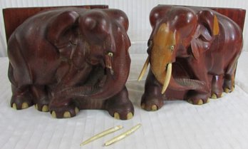 Vintage Pair BOOKENDS, Carved ELEPHANTS Design, Wooden Construction, LARGE Approx 10' High