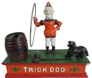 Reproduction Figural COIN BANK, 'TRICK DOG,' Colorful Metal Finish, Approx 8' Wide