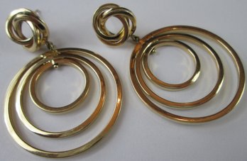 Vintage Oversized PIERCED Earrings, CONCENTRIC RING Design, Post Backings, Gold Tone Base Metal Construction