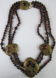 Vintage DRAPED Necklace, Multi Strand MODERNIST Design, Mottled Beads, Cabochon Inserts