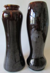 Set Of 2! Antique AMERICAN Art Pottery, Flower Vases, Gloss BROWN Glaze,  Largest Approx 11,' USA