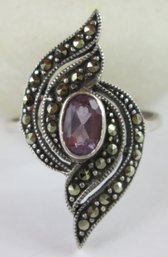 Vintage Finger Ring, Faceted AMETHYST Purple & Marcasite Stones, Sterling .925 Silver Setting, Approx Size 8.5