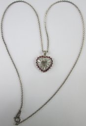 Signed, Vintage Chain Necklace, HEART Pendant, Crystal & Red Stones, Sterling .925 Silver, Clasp Closure