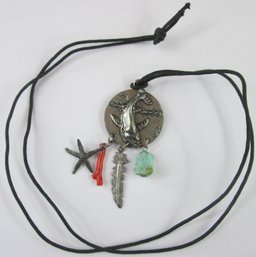 Contemporary Drop Necklace, SEA LIFE Charm Pendant, Black CORD, Slip Over Style