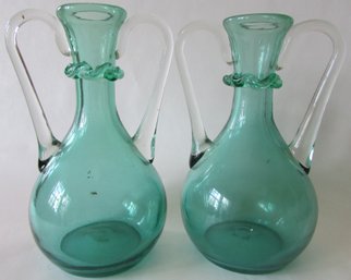 Set Of 2! Vintage Floral VASES, Hand Blown With Applied Handles, GREEN Color, Approx 6.5' Tall