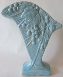Vintage MCCOY Art Pottery, Blue LEAF & BERRY Pattern Vase, Cornucopia Shape, Gloss Glaze,  Appx 7.75,' USA