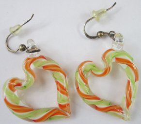 Contemporary Pair Pierced Earrings, Colorful GLASS HEARTS, Silver Tone Loop Backings