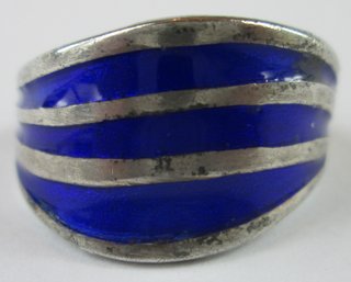 Vintage Modernist Finger Ring, Blue ENAMEL Bands, Sterling .925 Silver Setting, Approximate Size 5.5