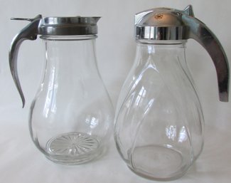 Set Of 2! Vintage SYRUP PITCHERS, Mechanical METAL Handles, Approx 9' Tall