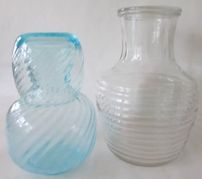 Set Of 2! Vintage WATER CARAFES, Swirl & Ring Designs, Approx 8' Tall