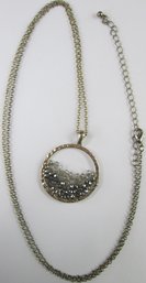 Contemporary Chain Necklace, Ring Drop Pendant, Tonal Gray Beads, Gold Tone Base Metal Construction