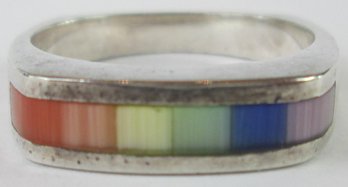Vintage Modernist Finger Ring, Pride RAINBOW Design, Sterling .925 Silver Setting, Approximate Size 8