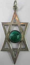 Vintage Drop Pendant, Stylized STAR Of DAVID Design, Green Cabochon Accent, Silver Tone Base Metal