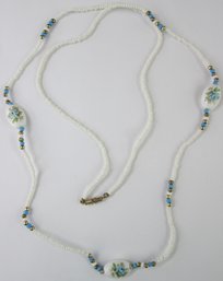 Vintage Single Strand Necklace, White Seed & FLORAL Accent Beads, Functional Barrel Closure, Approximately 31'