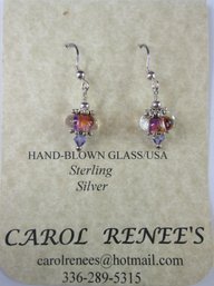 CAROL RENEE'S Brand, Vintage Pierced EARRINGS, Dangle Hand Blown Glass, Sterling .925 Silver Loop Backings