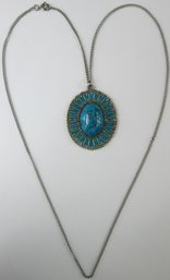 Contemporary Chain Necklace, Southwest Style Drop Pendant, Faux Turquoise, Silver Tone Base Metal Construction