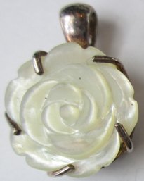 Vintage Drop Pendant, Carved FLOWER BLOOM Design, MOTHER OF PEARL, Sterling .925 Silver Setting