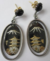 Vintage Pierced DANGLE Earrings, Asian PAGODA Design, Sterling .950 Silver Construction, POST Backings