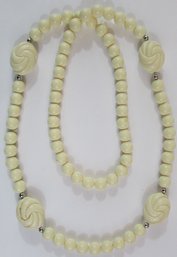 Vintage Bead NECKLACE, Faux Ivory Color, Silver Tone Base Metal Accent Beads, Slip Over Style