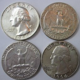 Set 4 Coins! Authentic 1964P WASHINGTON SILVER QUARTER Dollars $.25, Philadelphia Mint, 90 Percent Silver