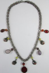 Vintage Link Necklace, Multi CHARM Style Pendants, Beads, Silver Tone Base Metal, Clasp Closure