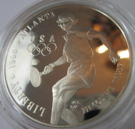 Authentic 1996P Proof Coin, Atlanta Olympics, Women's Tennis Event, One $1 DOLLAR SILVER Content, Uncirculated