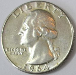 Authentic 1964P WASHINGTON SILVER QUARTER Dollar $.25, Philadelphia Mint, 90 Percent Silver, United States