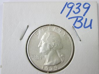 Authentic 1939P WASHINGTON SILVER QUARTER Dollar $.25, Philadelphia Mint, 90 Percent Silver, United States