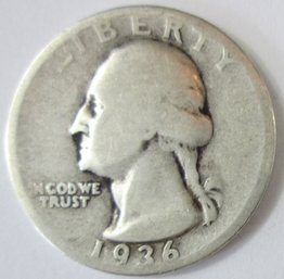 Authentic 1936P WASHINGTON SILVER QUARTER Dollar $.25, Philadelphia Mint, 90 Percent Silver, United States