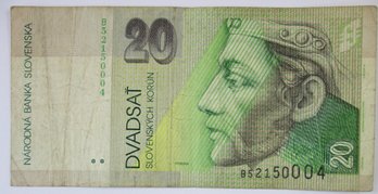 Authentic SLOVAKIA Issue Bank Note, Dated 1995, Genuine Twenty 20 KORUN Denomination Currency