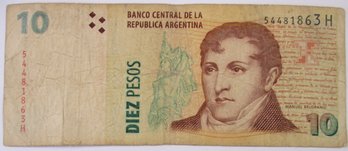 Authentic ARGENTINA Issue, Genuine Diez Ten 10 PESO Currency Bank Note, Bill