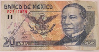 Authentic MEXICO Issue, 1999 Series, Genuine VEINTE Twenty 20 PESO Currency Bill, Banco De MEXICO