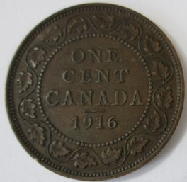 Authentic CANADA Issue Coin, Dated 1916, One $.01 Penny, Depicts GEORGE V, Discontinued Style, Copper Content