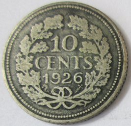 Authentic NETHERLANDS Issue Coin, Dated 1926, Ten $.10 Cents Denomination, Silver Content