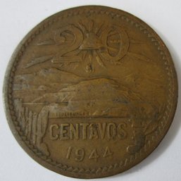 Authentic MEXICO Issue Coin, Dated 1944, Twenty 20 Centavos Denimination, Copper Nickel Content