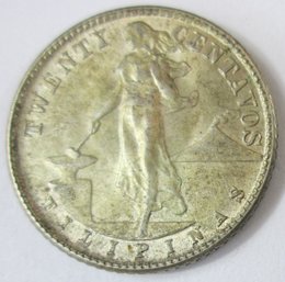 Authentic PHILIPPINES Issue Coin, Dated 1944, Twenty 20 Centavos, Silver Content, Discontinued Design
