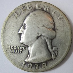 Authentic 1938S WASHINGTON SILVER QUARTER Dollar $.25, San Francisco Mint, 90 Percent Silver, United States