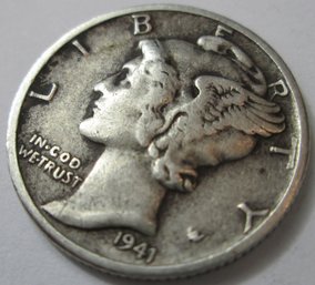 Authentic 1941D MERCURY SILVER DIME $.10, Denver Mint, 90 Percent Silver Issue, United States