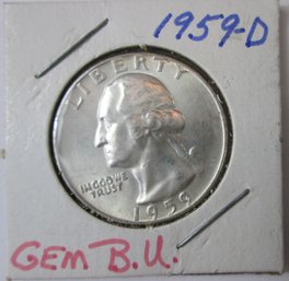 Authentic 1959D WASHINGTON SILVER QUARTER Dollar $.25, DENVER Mint, 90 Percent Silver, Brilliant Uncirculated