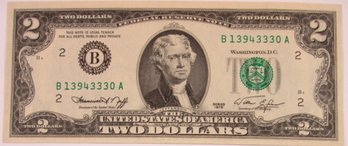 Authentic 1976 Series, Thomas Jefferson Two $2 BILL, Francine I. Neff Treasurer, Crisp United States