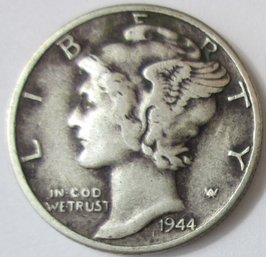 Authentic 1944P MERCURY SILVER DIME $.10, Philadelphia Mint, 90 Percent Silver, Discontinued United States