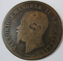 Authentic ITALY Issue Coin, Dated 1862N, Vittorio Emanuelle II Coin, 5 Centesimi, Bronze Content, Discontinued