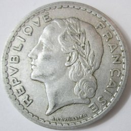 Authentic FRANCE Issue Coin, Dated 1945, Five 5 FRANCS Denomination, Aluminum Content, Discontinued Style