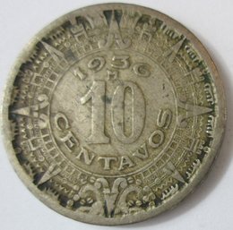 Authentic MEXICO Issue Coin, Dated 1936, Ten 10 Centavos Denomination, Copper Nickel Content, Discontinued