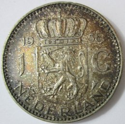 Authentic NETHERLANDS Issue Coin, Dated 1958, One 1 GULDEN, Silver Content, Depicts Juliana Koningin