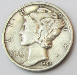 Authentic 1945S MERCURY SILVER DIME $.10. San Francisco Mint 90 Percent Silver, Discontinued United States