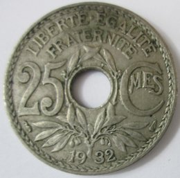 Authentic FRANCE Issue Coin, Dated 1932, Twenty Five 25 CENTIMES, Copper Nickel Content, Discontinued Style