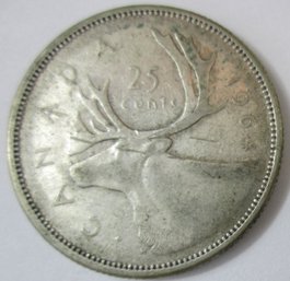 Authentic CANADA Issue Coin, Dated 1964, STAG Quarter $.25 Cents, Depicts Elizabeth II, Silver Content