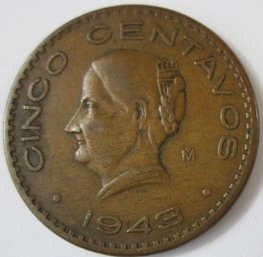Authentic MEXICO Issue Coin, Dated 1943, Cinco 5 Centavos, Brass Composition, Discontinued Design